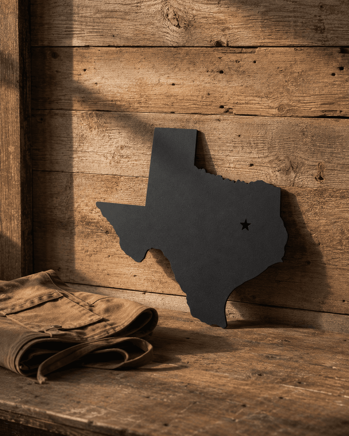 Texas steel wall art with a cut-out star, leaning against a reclaimed-wood wall