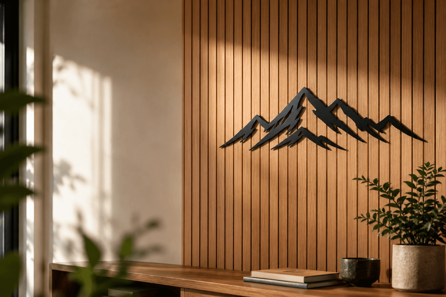 Mountain Range wall art in solid steel, mounted on a wood-slat wall